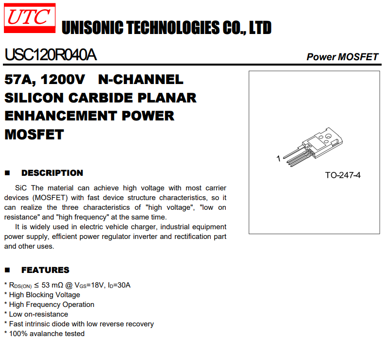 碳化硅（SiC）功率芯片选型参考UTC友顺 USC120R040A